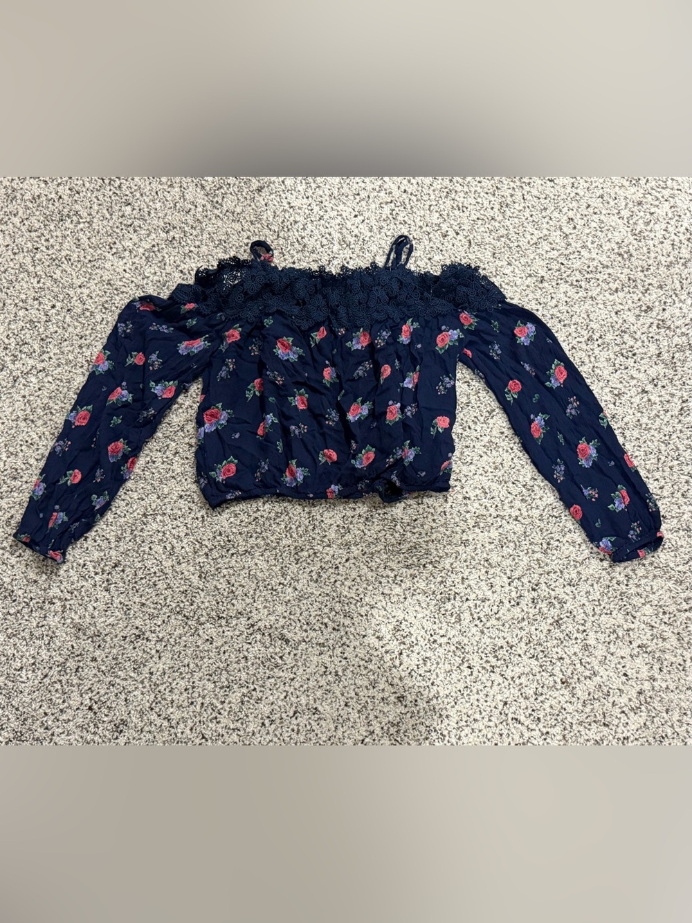 Hollister Navy Floral Off-Shoulder Crochet Lace Top